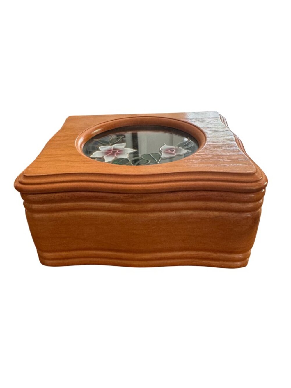 Mele Wooden Jewelry Box Green Velvet Lift Out Tray Glass Floral Lid - Picture 7 of 10